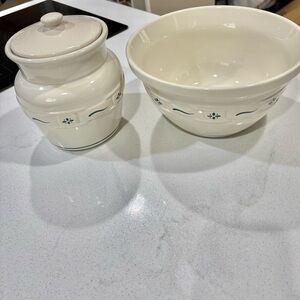 White Ceramic Bowl and Jar Set with Green Accents “Longaberger Pottery “